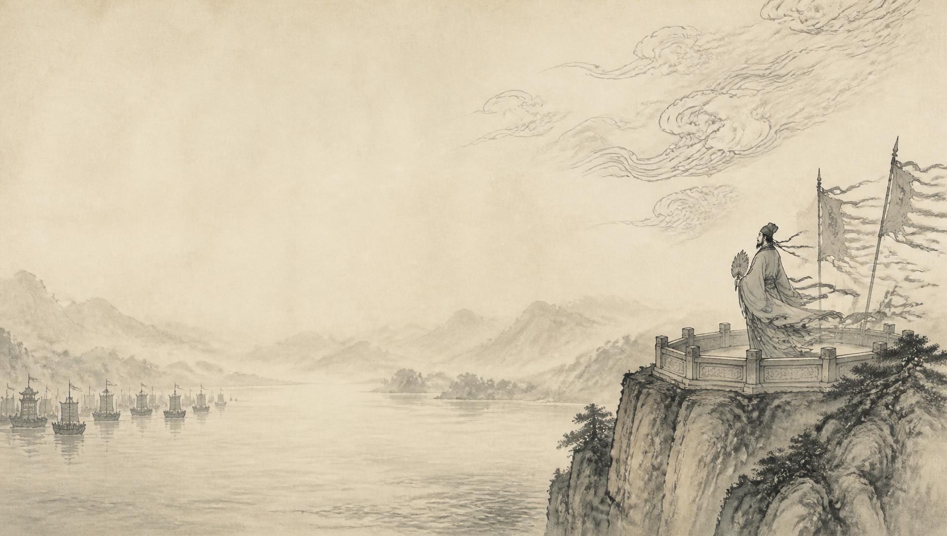 临江高崖上的东风台与借东风意象水墨画